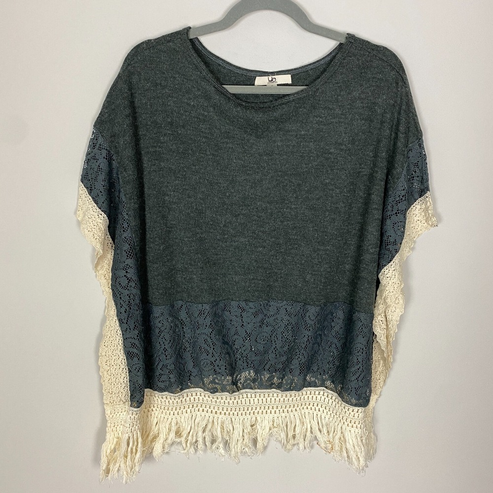 Ya Los Angeles Boho Poncho Womens Small Grey Knit Fringe Lace Country Western